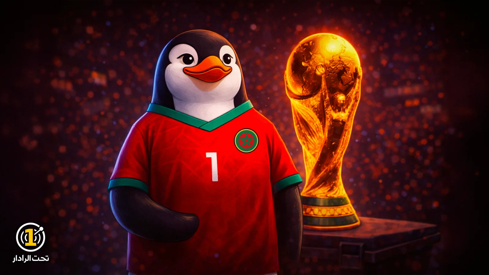 كاريكاتير: بطريق يرتدي قميص المنتخب المغربي الأحمر رقم 1 يقف بجانب كأس العالم الذهبية.